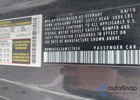 2010 Volkswagen Gti 2-Door z USA, uszkodzony, nr VIN WVWEV7AJ2AW377824